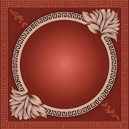 Elegant circular frame with classic greek key pattern and ornate floral corner embellishments on a rich red background, perfect for designの素材