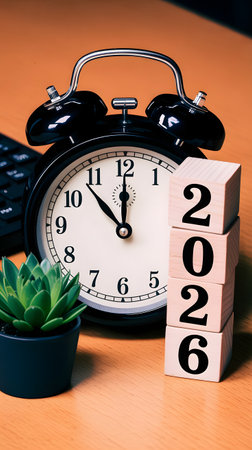 Black alarm clock, wooden blocks displaying 2026, and a small succulent plant on an orange surface, symbolizing future planning and timeの素材