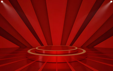 Vibrant red circular podium stage with spotlights and striped background, perfect for product display, awards, or festive event presentationsの素材