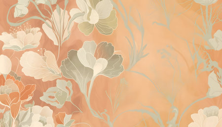 Elegant vintage floral pattern with delicate white and green flowers on a soft peachorange background, creating a serene and classic designの素材