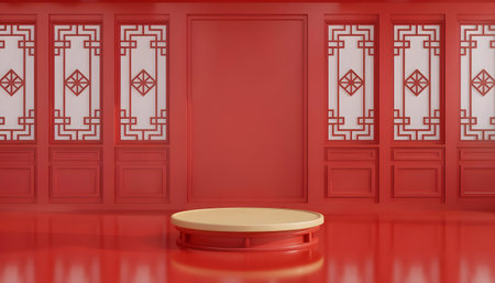 Vibrant red traditional chinese room with decorative panels and a central circular podium, ideal for product display or cultural event backdropの素材