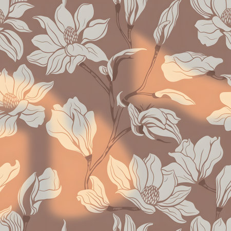 Elegant seamless pattern with delicate magnolia flowers on a warm, earthy background, featuring soft light, ideal for textile, wallpaper, and decorの素材