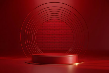 Vibrant red product display podium with stylish concentric circular frames, ideal for luxury branding, festive promotions, and elegant presentationsの素材