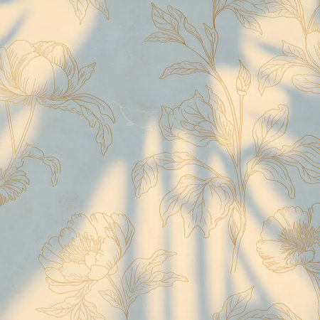 Elegant golden floral line art pattern on a light background with warm, natural sunlight shadows creating a serene and artistic aestheticの素材