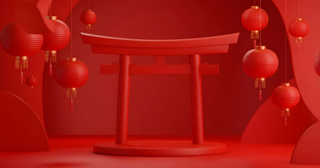 Vibrant red traditional asian scene with a torii gate and hanging lanterns, perfect for chinese new year, cultural celebrations, or product displaysの素材