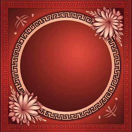 Elegant red background with a decorative circular frame, featuring a classic greek key pattern and beautiful floral chrysanthemum designsの素材