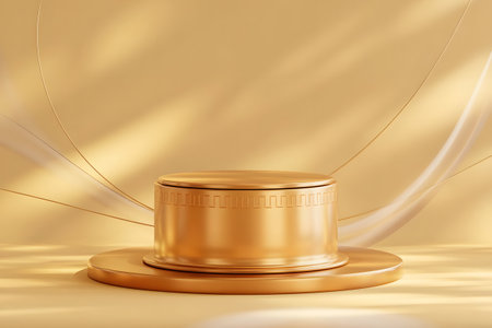 Elegant golden cylindrical podium with a subtle textured pattern on a warm, luxurious background, perfect for product display or presentation in a minimalist studio setting with soft lighting and abstract golden linesの素材