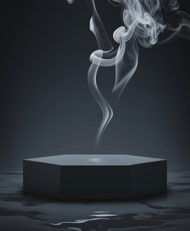 Elegant dark hexagonal pedestal with rising white smoke, creating a mysterious and atmospheric display for product presentation or abstract conceptsの素材