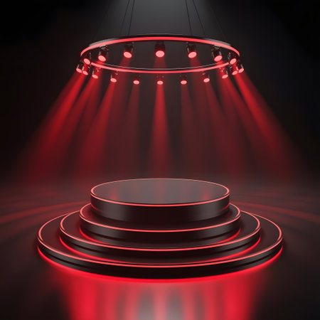 Circular black stage podium with vibrant red spotlights from an overhead ring light, creating a dramatic and modern presentation platformの素材