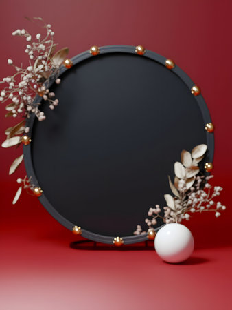 Black circular frame with golden studs and dried floral elements, white berries, leaves, on vibrant red background with a white spherical ornamentの素材