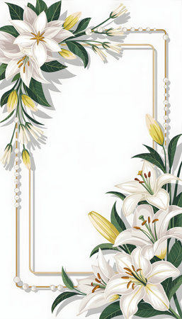 Elegant vertical frame with white lilies, green leaves, and pearl accents, perfect for invitations or greeting cards, isolated on white backgroundの素材