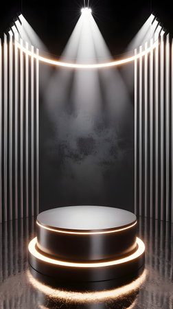 A dark, futuristic stage with a glowing circular podium, dramatically lit by bright spotlights and elegant neon light accents, ideal for displayの素材