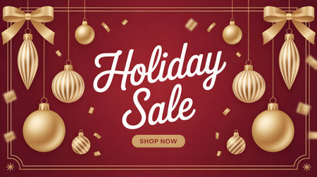 Festive holiday sale banner with golden christmas ornaments, bows, and sparkling confetti on a rich red background, perfect for seasonal promotionsの素材