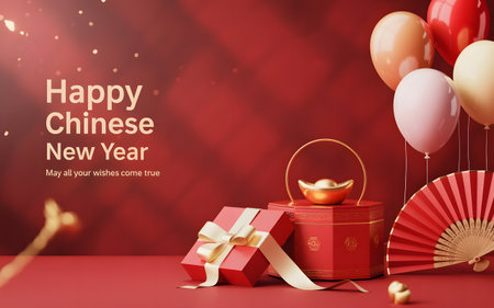 Festive chinese new year scene with red gift boxes, balloons, a traditional fan, and a gold ingot, set against a rich red backgroundの素材