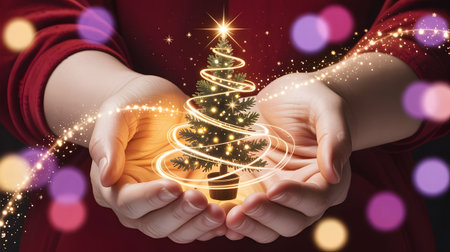 Hands gently holding a magical, glowing miniature christmas tree adorned with sparkling lights, surrounded by festive bokehの素材