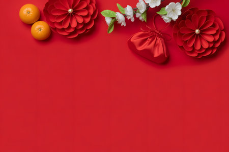 Festive chinese new year flat lay on red, with fresh oranges, decorative red flowers, a lucky gift pouch, and white blossomsの素材