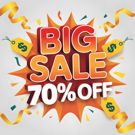 Big sale 70% off promotional banner with vibrant orange starburst, confetti, yellow ribbons, and dollar sign tags for shopping eventsの素材