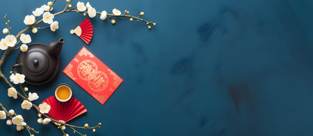 Traditional lunar new year flat lay with a tea set, red envelopes, and delicate plum blossoms on a rich blue background, symbolizing good fortuneの素材