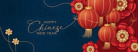 Happy chinese new year celebration banner with traditional red lanterns, festive flowers, and elegant gold accents on a deep blue backgroundの素材