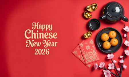 Happy chinese new year 2026 flat lay with traditional festive elements red envelopes, tangerines, teapot, gold ingots, cherry bloomの素材