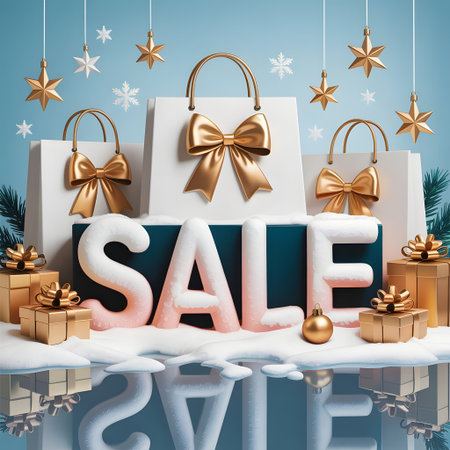 Winter sale scene with shopping bags, golden bows, stars, snowflakes, and sale letters, reflecting holiday discountsの素材
