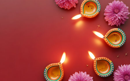 Traditional indian clay oil lamps diyas with bright flames and pink flowers arranged on a rich red background, perfect for diwali festivalの素材