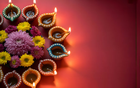 Traditional indian oil lamps diyas and vibrant flowers arranged on a rich red background, symbolizing the festive spirit of diwaliの素材