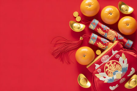 Chinese new year flat lay with oranges, red envelopes, gold ingots, and firecrackers on a red background, symbolizing prosperityの素材