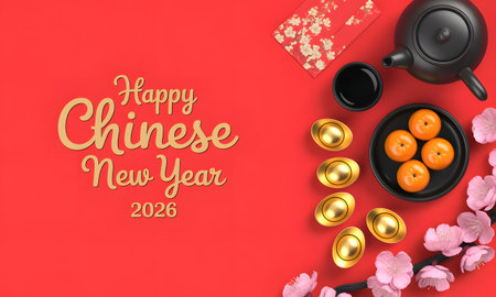 Happy chinese new year 2026 celebration with traditional elements, tangerines, gold ingots, teapot, and cherry blossoms on a red backgroundの素材
