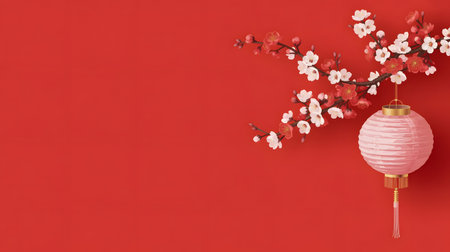 Festive red background with a traditional pink chinese lantern and a blooming cherry blossom branch, perfect for lunar new year celebrationsの素材