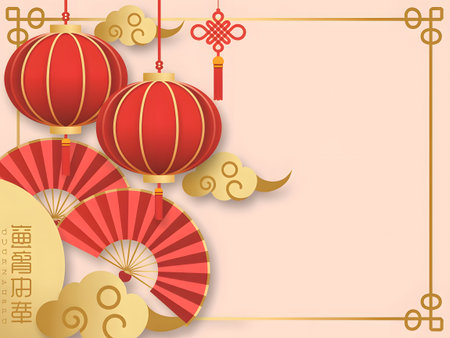 Festive chinese new year background with traditional red lanterns, decorative fans, golden clouds, and an elegant border for celebrationsの素材
