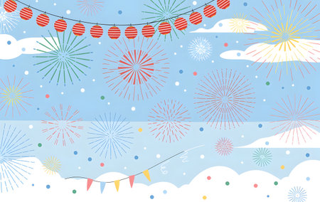 Colorful illustration of a festive sky with fireworks, traditional japanese lanterns, and decorative pennants, evoking a joyful celebrationの素材