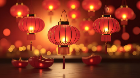 Vibrant red chinese lanterns illuminate a festive scene, symbolizing good fortune and celebration during the lunar new year festivitiesの素材