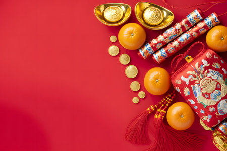 Chinese new year flat lay with tangerines, gold ingots, firecrackers, and a red embroidered bag on a red backgroundの素材