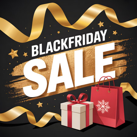 Black friday sale banner with elegant gold ribbons, stars, and a brush stroke background, featuring a gift box and shopping bag for holiday shopping promotionsの素材