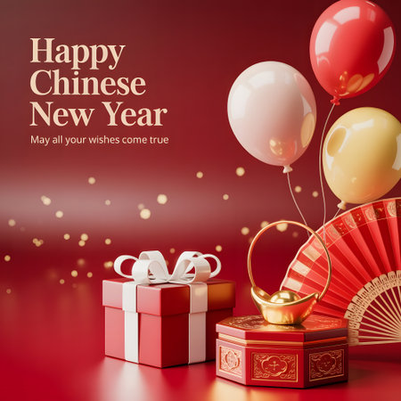 Happy chinese new year celebration with gifts, red and gold balloons, a traditional fan, and a lucky gold ingot on a vibrant red backgroundの素材