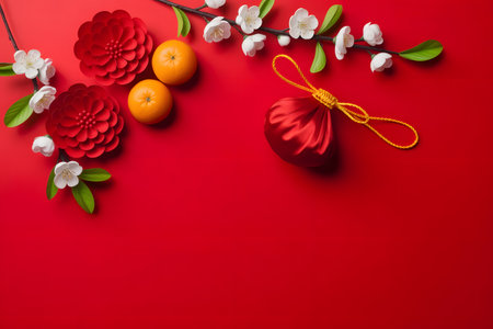 Chinese new year flat lay with red paper flowers, plum blossoms, tangerines, lucky bag on vibrant red background, symbolizing prosperityの素材