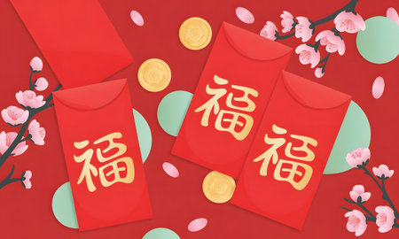 Chinese new year background with red envelopes, golden coins, and cherry blossoms, symbolizing prosperity and good fortuneの素材