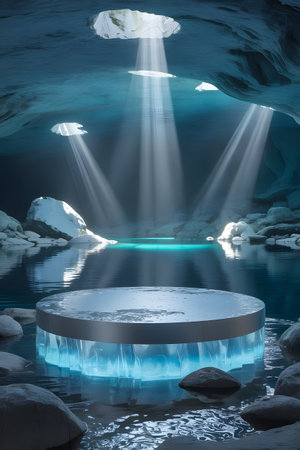 Mystical ice platform in a frozen cave, illuminated by ethereal light rays piercing through openings, creating a serene and magical winter sceneの素材
