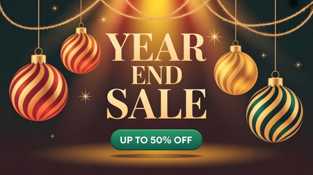 Year end sale banner with elegant christmas ornaments and sparkling lights, offering up to 50% off for holiday promotionsの素材