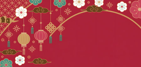 Festive chinese new year background with traditional lanterns, plum blossoms, and auspicious clouds on a vibrant red, ideal for celebrationsの素材