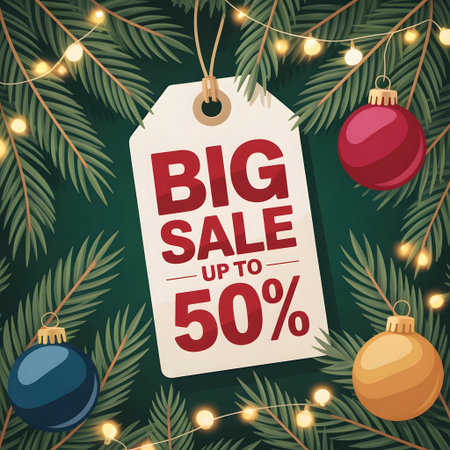 Big sale up to 50% discount tag on a festive christmas background with fir branches, glowing lights, and colorful holiday ornamentsの素材