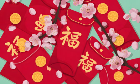 Red envelopes with golden coins and the chinese character fortune, surrounded by pink cherry blossoms, perfect for lunar new yearの素材