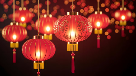 Beautiful red chinese lanterns glowing softly in the dark, creating a warm and festive atmosphere for cultural celebrations and new yearの素材