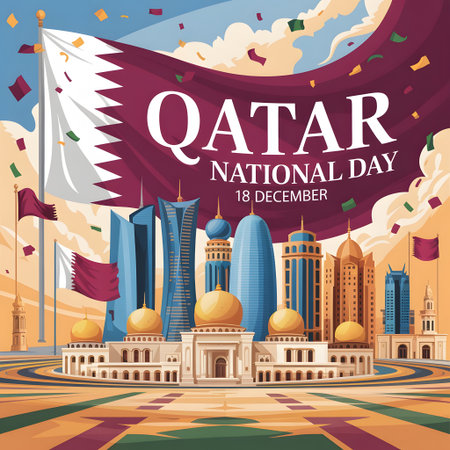 Festive qatar national day celebration with the national flag, modern doha skyline, traditional architecture, and confetti on 18 decemberの素材