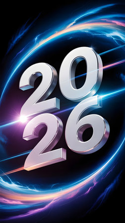Futuristic 3d silver metallic numbers 2026 illuminated by dynamic blue and purple light trails, symbolizing the new year, innovation, and progressの素材