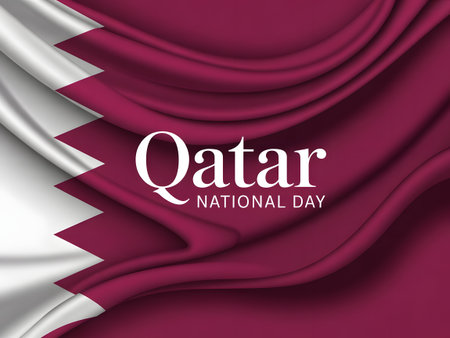 Waving flag of qatar with qatar national day text, celebrating the national holiday with patriotic maroon and white colors and elegant fabricの素材