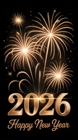 Spectacular golden fireworks burst in the dark night sky, celebrating the arrival of 2026 with a festive happy new year greetingの素材