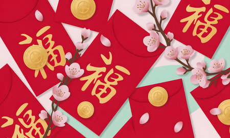 Festive chinese new year background with red envelopes, golden fu characters, coins, and pink cherry blossoms on a vibrant bluegreenの素材