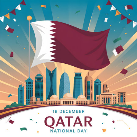 Qatar national day celebration with a waving qatari flag above the doha skyline, showcasing modern architecture and festive decorationsの素材